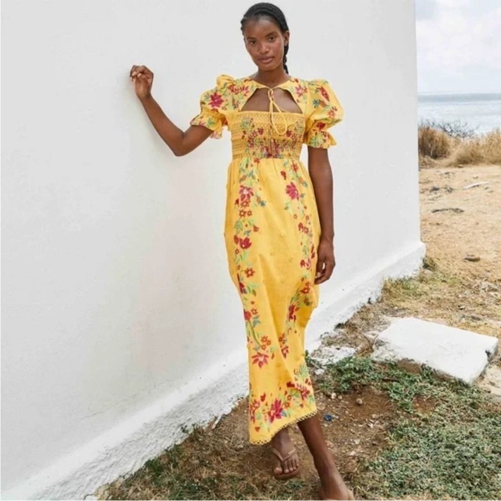 Farm Rio Flower Dream Maxi Dress Yellow Floral Smocked Puff Sleeve Size Small S